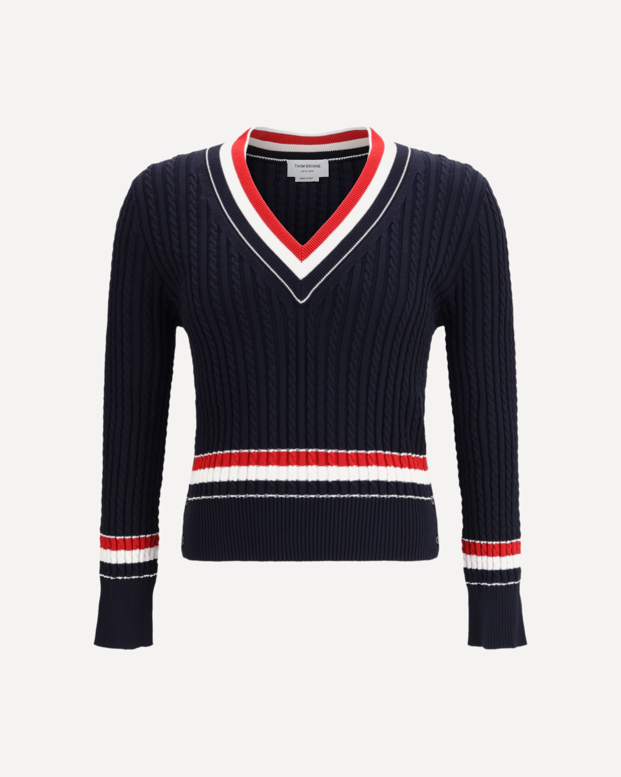 THOM BROWNE Intarsia cable-knit V-neck Sweater Male 1